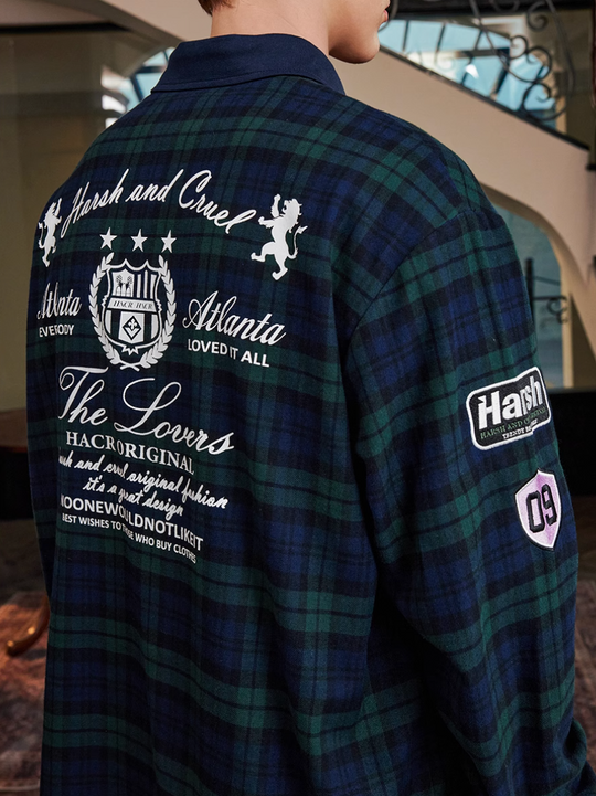 Harsh and Cruel Brushed Tartan Badge Embroidered Long Sleeve Polo | Face 3 Face