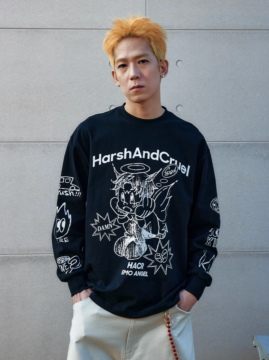 Harsh and Cruel Angel Graffiti Print Long Sleeve Tee | Face 3 Face