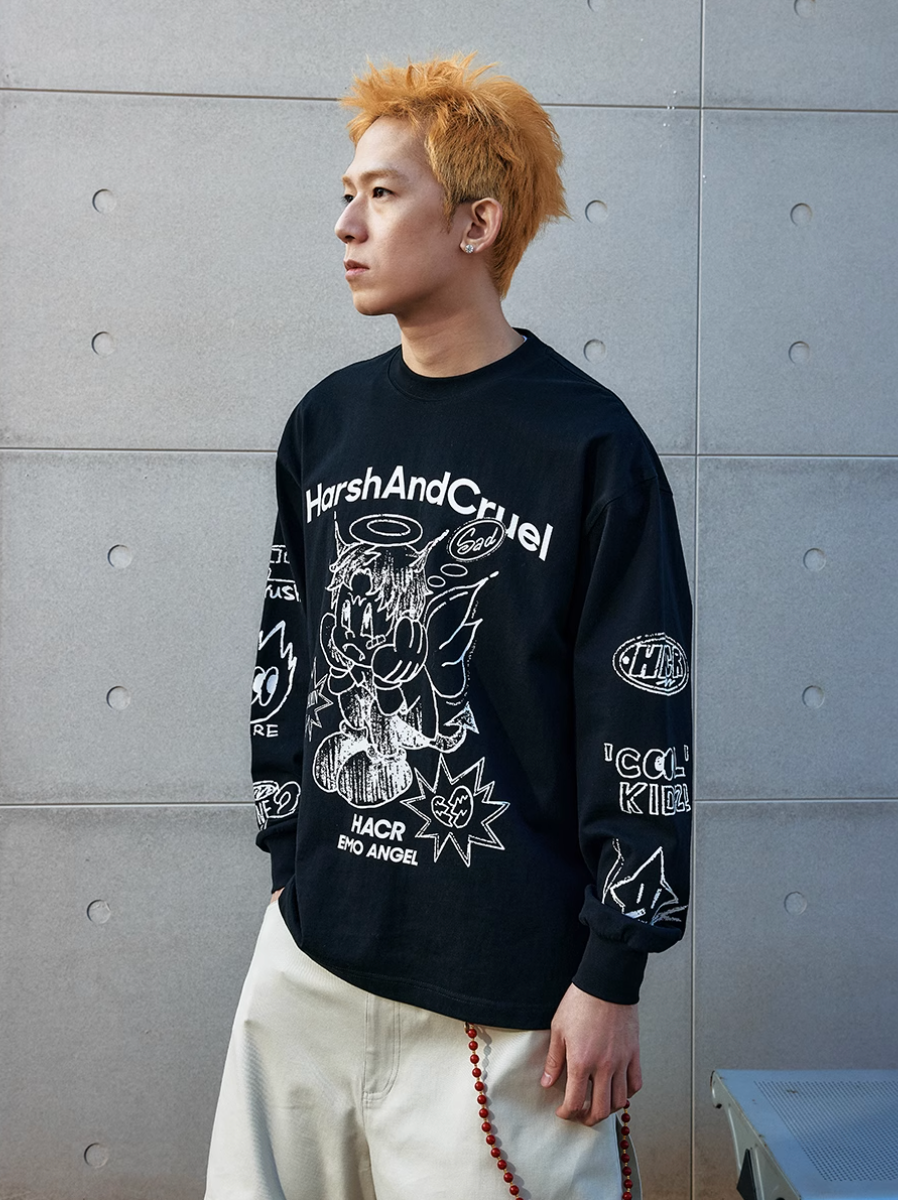 Harsh and Cruel Angel Graffiti Print Long Sleeve Tee | Face 3 Face