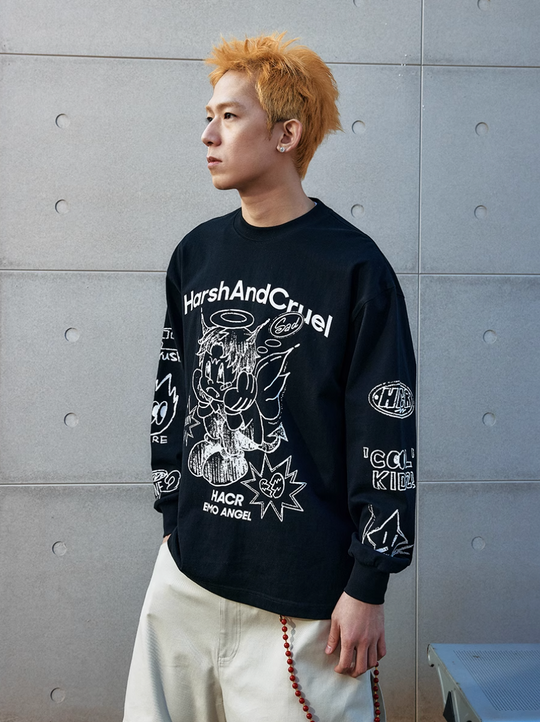 Harsh and Cruel Angel Graffiti Print Long Sleeve Tee | Face 3 Face