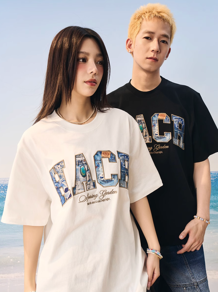 Harsh and Cruel HACR Turquoise Denim Patch Embroidered Tee | Face 3 Face