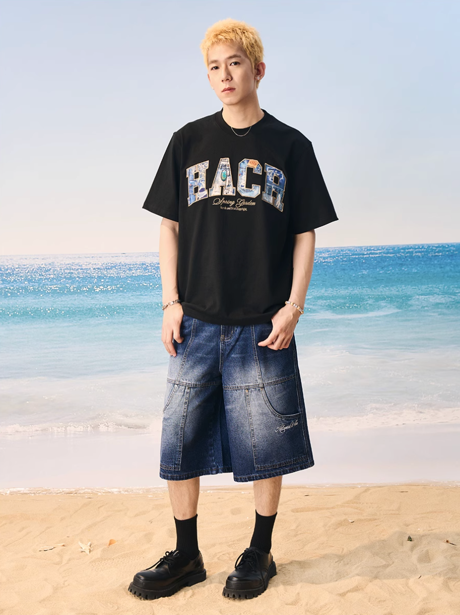 Harsh and Cruel HACR Turquoise Denim Patch Embroidered Tee | Face 3 Face