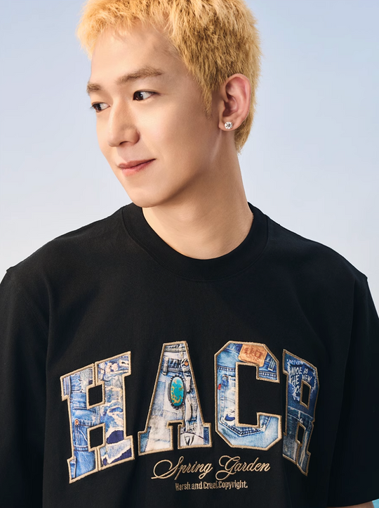 Harsh and Cruel HACR Turquoise Denim Patch Embroidered Tee | Face 3 Face