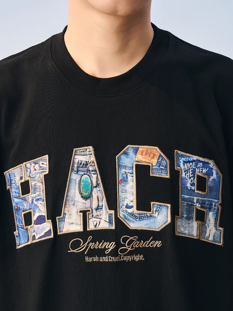 Harsh and Cruel HACR Turquoise Denim Patch Embroidered Tee | Face 3 Face