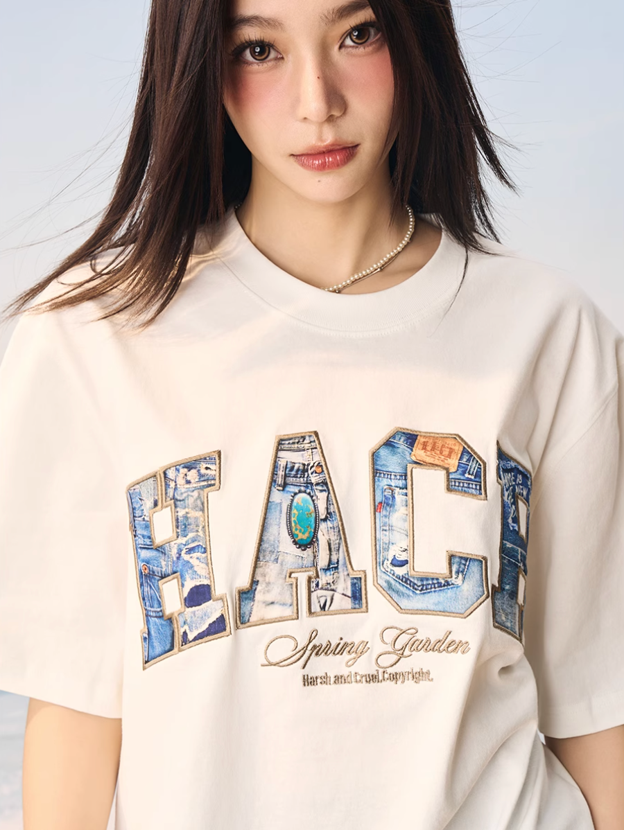 Harsh and Cruel HACR Turquoise Denim Patch Embroidered Tee | Face 3 Face