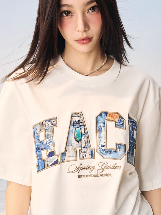 Harsh and Cruel HACR Turquoise Denim Patch Embroidered Tee | Face 3 Face