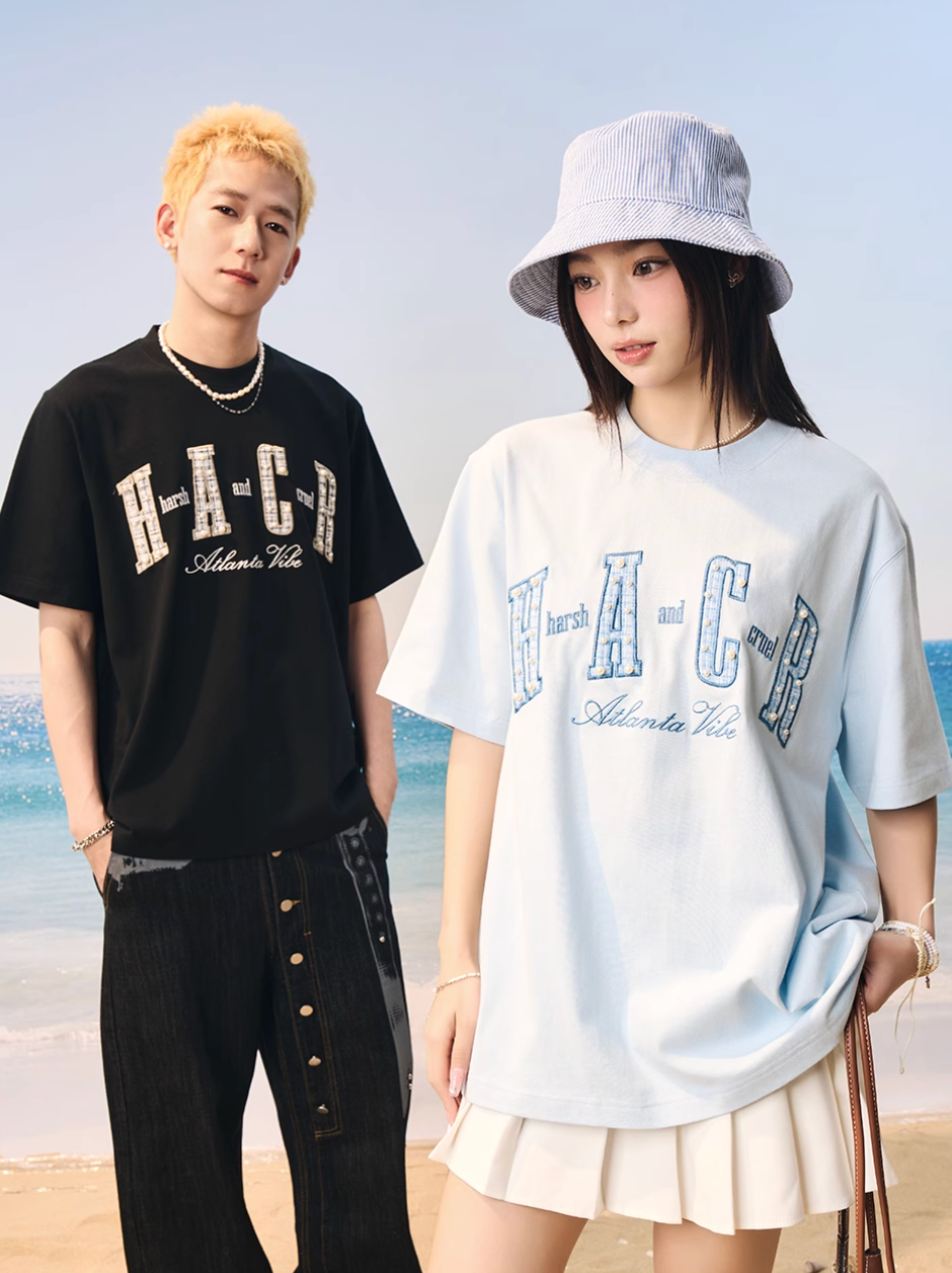 Harsh and Cruel Pearl Plaid Patch Embroidery Tee | Face 3 Face