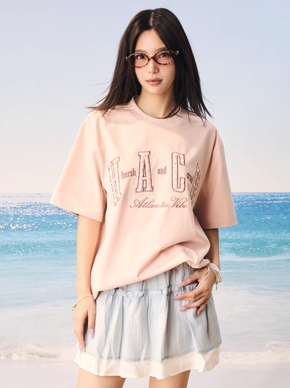 Harsh and Cruel Pearl Plaid Patch Embroidery Tee | Face 3 Face