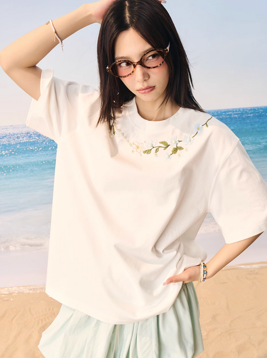 Harsh and Cruel Botanical Pearl Embroidery Tee | Face 3 Face