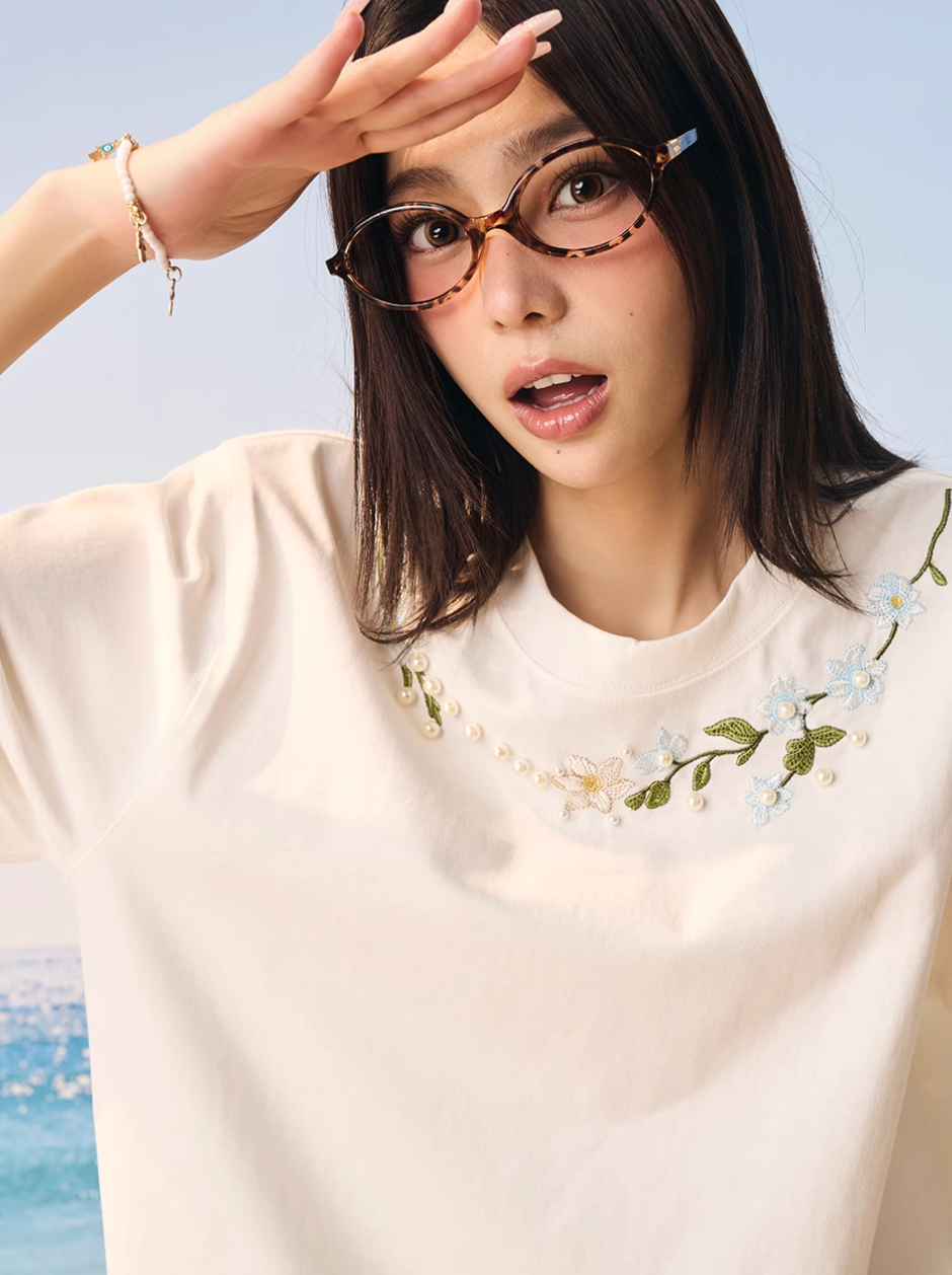 Harsh and Cruel Botanical Pearl Embroidery Tee | Face 3 Face