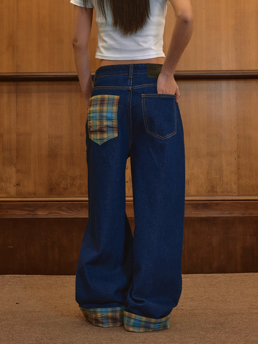 Harsh and Cruel Plaid Trim Cuffed Pocket Jeans | Face 3 Face