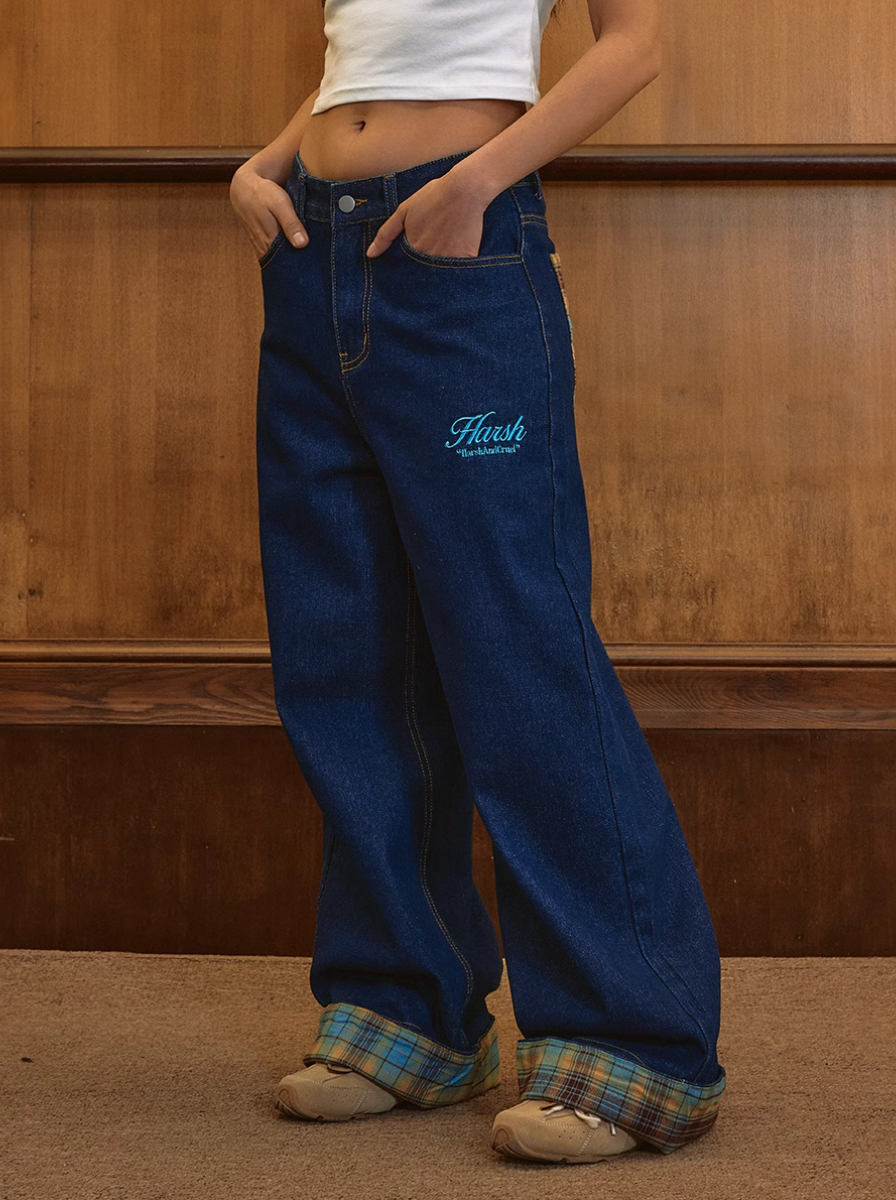 Harsh and Cruel Plaid Trim Cuffed Pocket Jeans | Face 3 Face