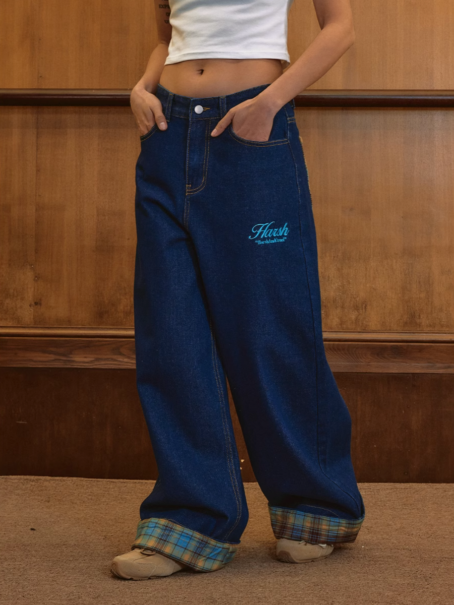 Harsh and Cruel Plaid Trim Cuffed Pocket Jeans | Face 3 Face