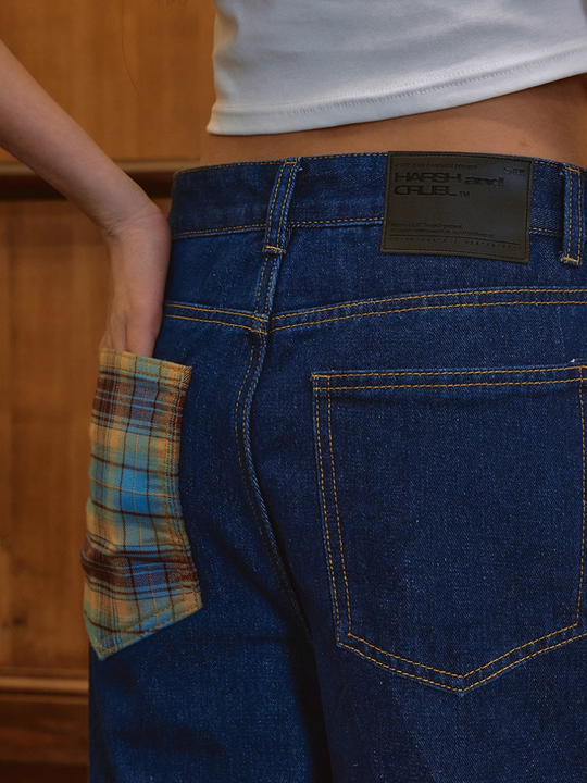 Harsh and Cruel Plaid Trim Cuffed Pocket Jeans | Face 3 Face