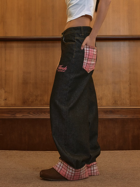 Harsh and Cruel Plaid Trim Cuffed Pocket Jeans | Face 3 Face