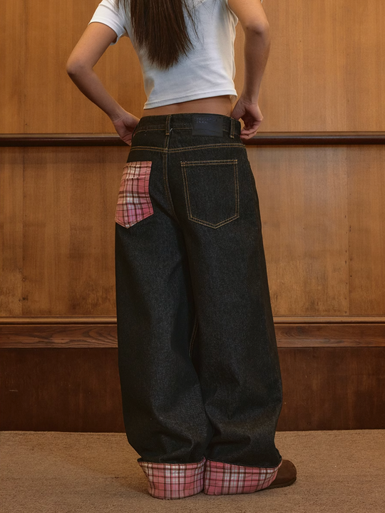 Harsh and Cruel Plaid Trim Cuffed Pocket Jeans | Face 3 Face