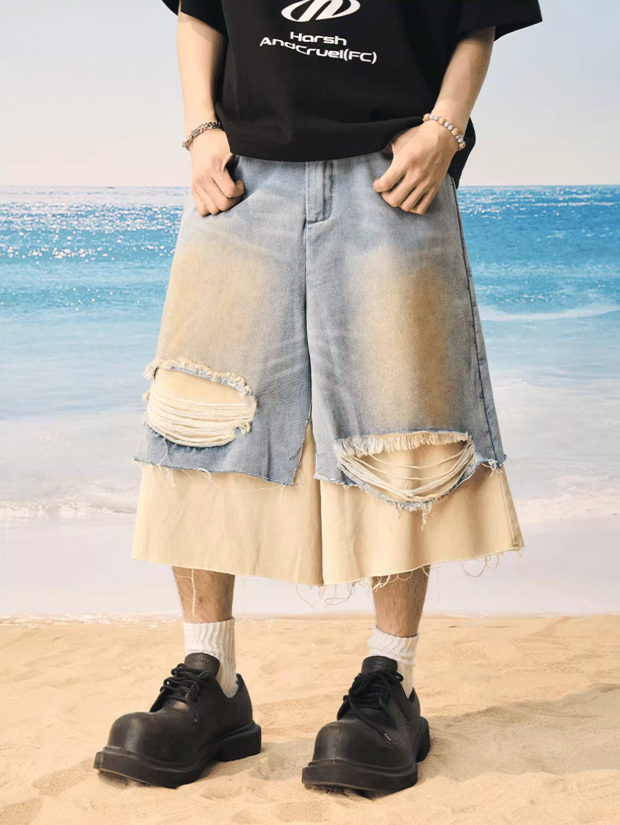 Harsh and Cruel Distressed Wash Layered Denim Shorts | Face 3 Face