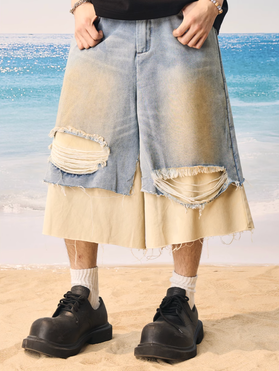 Harsh and Cruel Distressed Wash Layered Denim Shorts | Face 3 Face