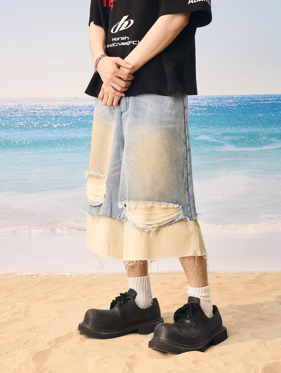 Harsh and Cruel Distressed Wash Layered Denim Shorts | Face 3 Face