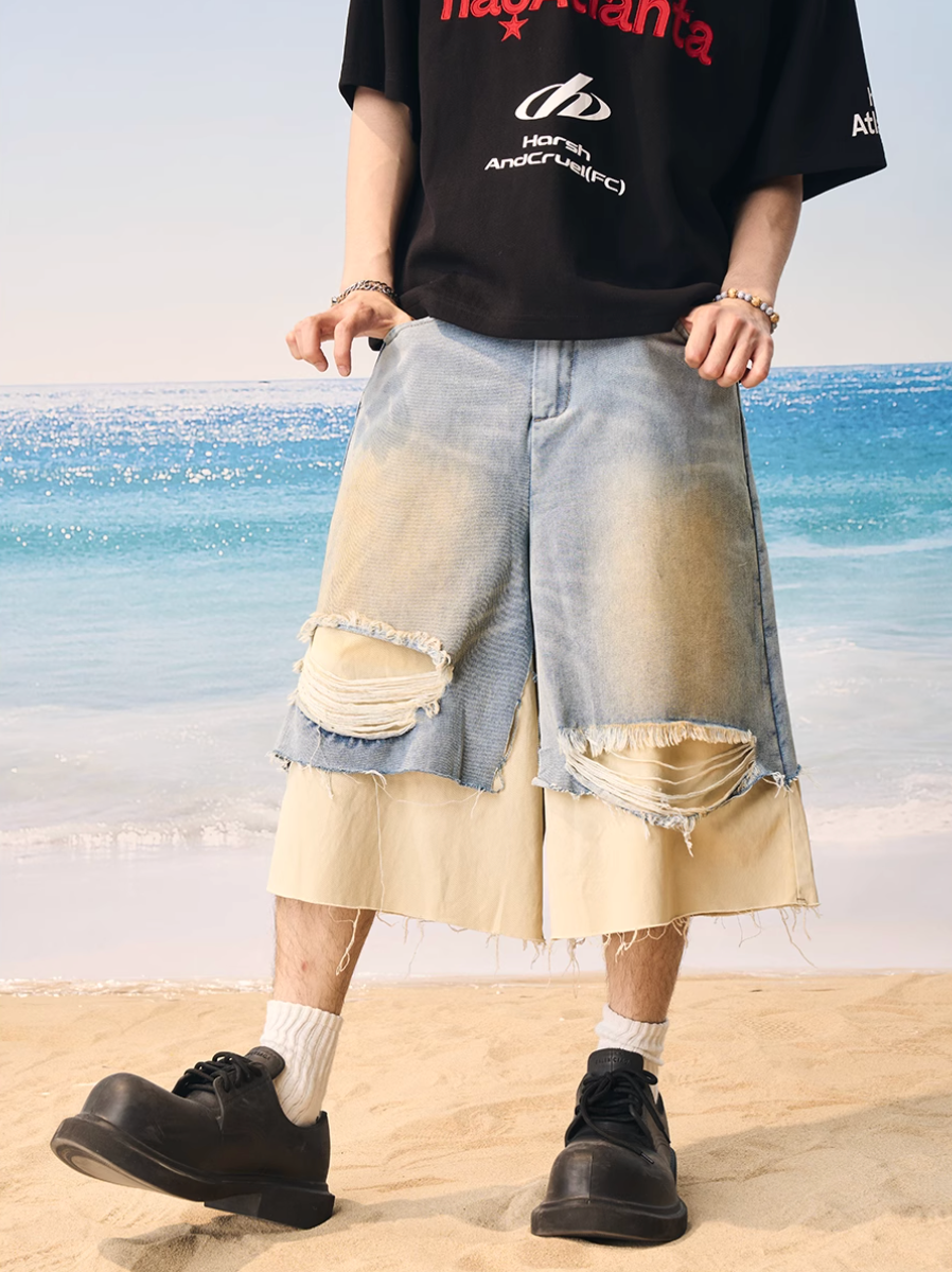 Harsh and Cruel Distressed Wash Layered Denim Shorts | Face 3 Face