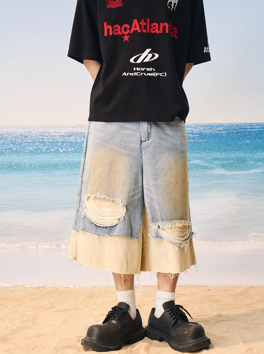 Harsh and Cruel Distressed Wash Layered Denim Shorts | Face 3 Face