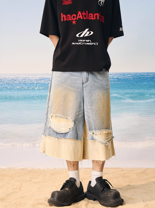 Harsh and Cruel Distressed Wash Layered Denim Shorts | Face 3 Face