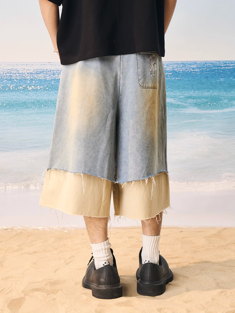 Harsh and Cruel Distressed Wash Layered Denim Shorts | Face 3 Face