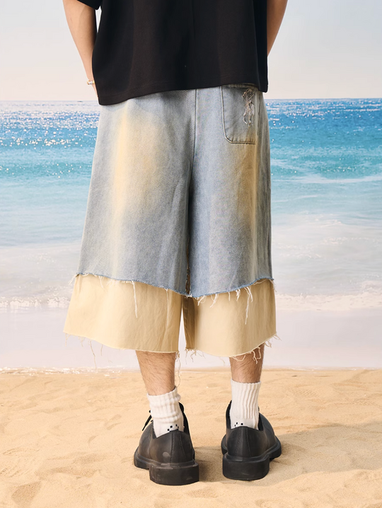 Harsh and Cruel Distressed Wash Layered Denim Shorts | Face 3 Face