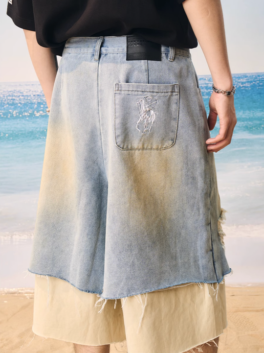 Harsh and Cruel Distressed Wash Layered Denim Shorts | Face 3 Face