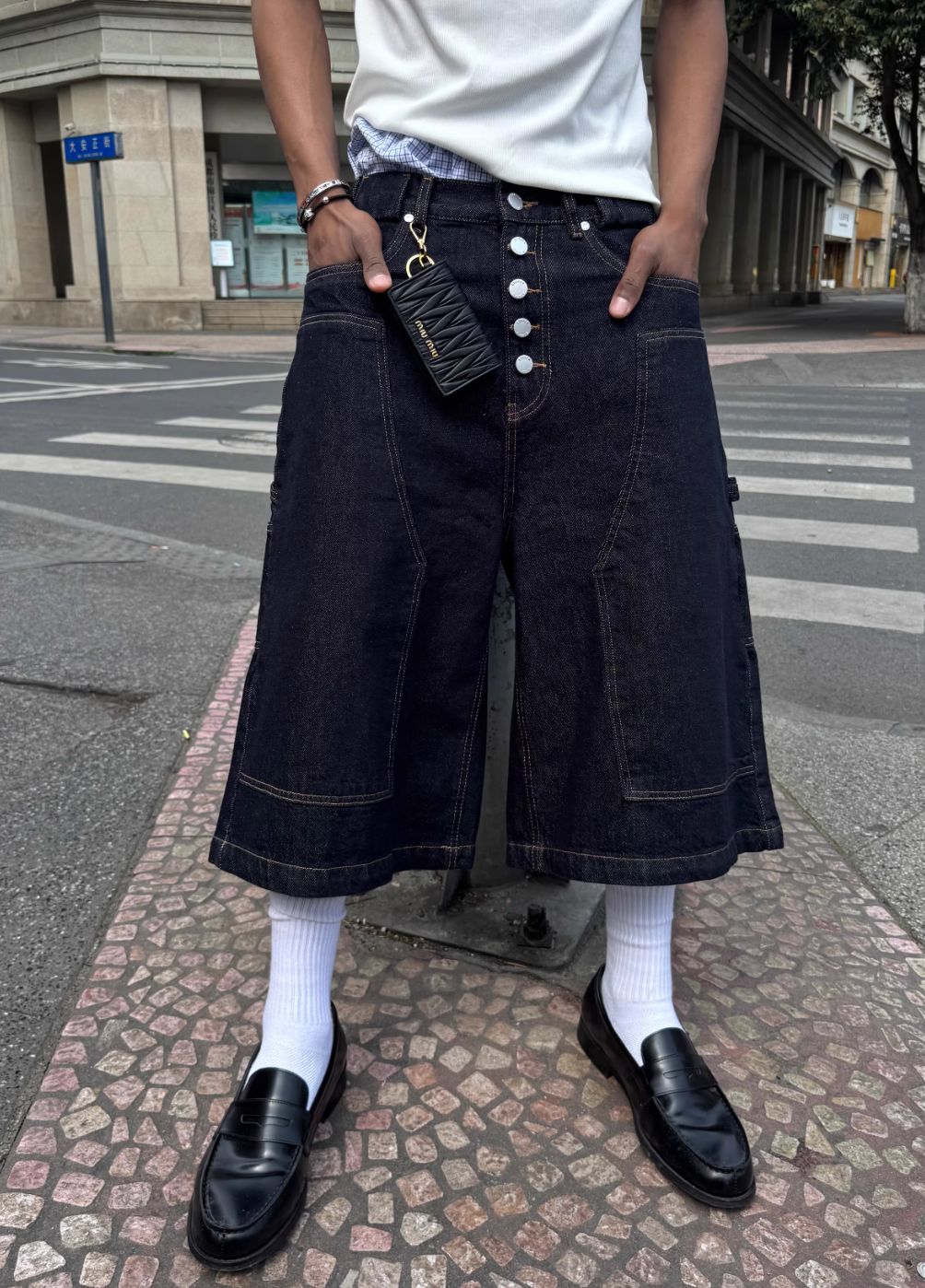 STEEPC Snap Button Double Knee Cropped Denim Baggy Shorts | Face 3 Face