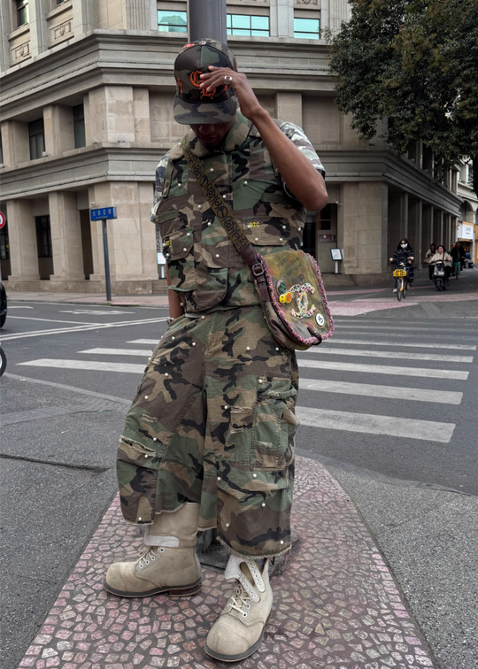 STEEPC M-65 Pearl Embellished Camouflage Baggy Cargo Shorts | Face 3 Face