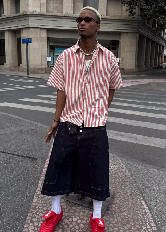 STEEPC Striped Boxy Wide Short Sleeve Shirt | Face 3 Face