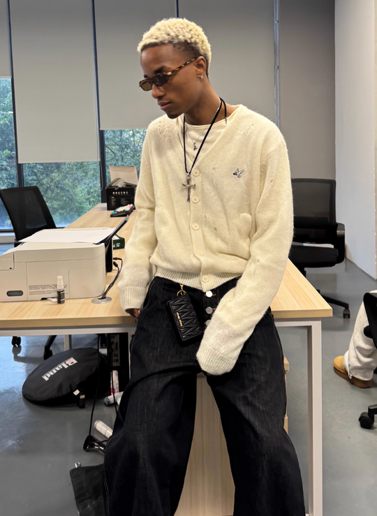 STEEPC Distressed Embroidered Wool Blend Knit Cardigan | Face 3 Face