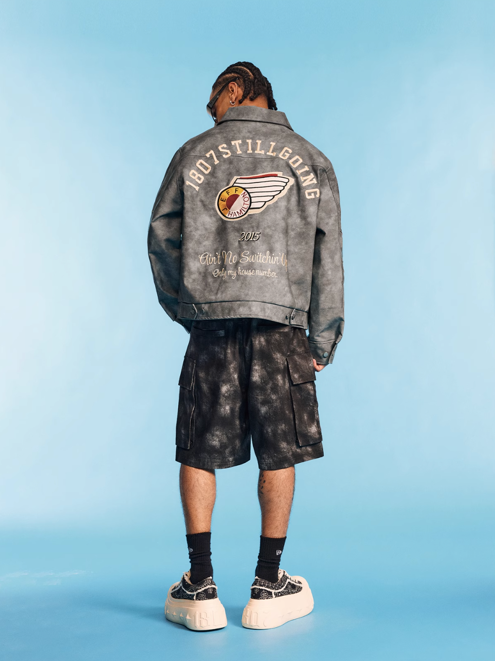 1807 JEFF HAMILTON Logo Embroidered Leather Detroit Jacket | Face 3 Face