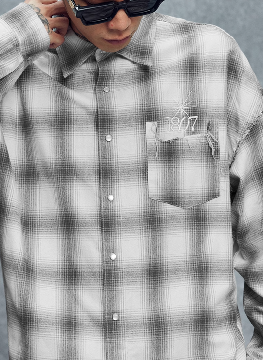 1807 Plaid Distressed Long Sleeve Shirt | Face 3 Face