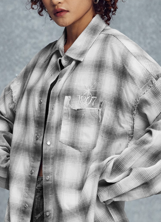 1807 Plaid Distressed Long Sleeve Shirt | Face 3 Face