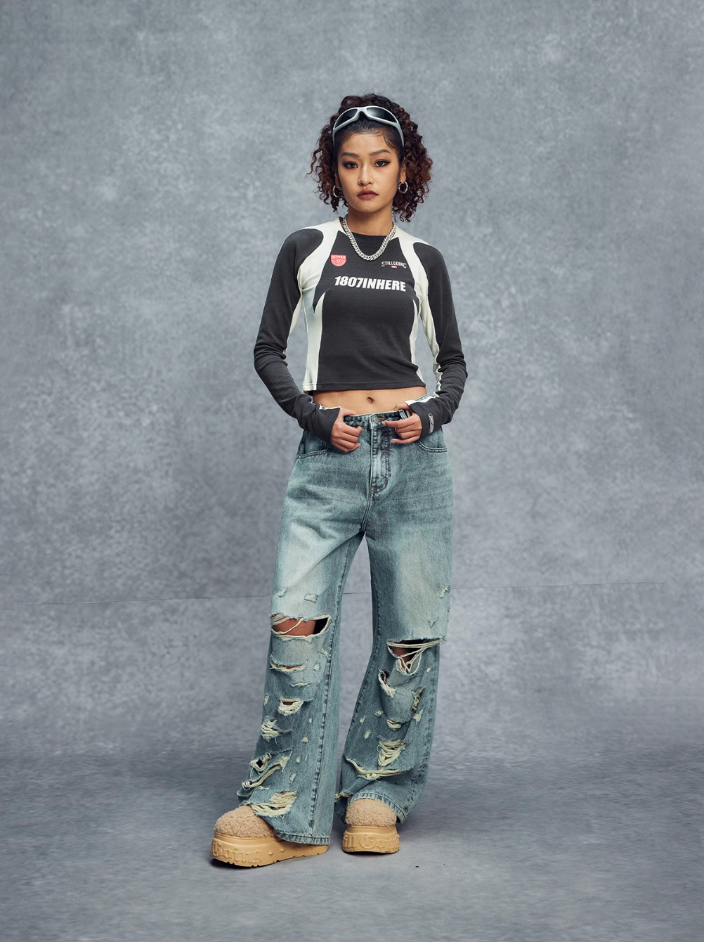 1807 Colorblock Cropped Slim Football Long Sleeve Tee | Face 3 Face