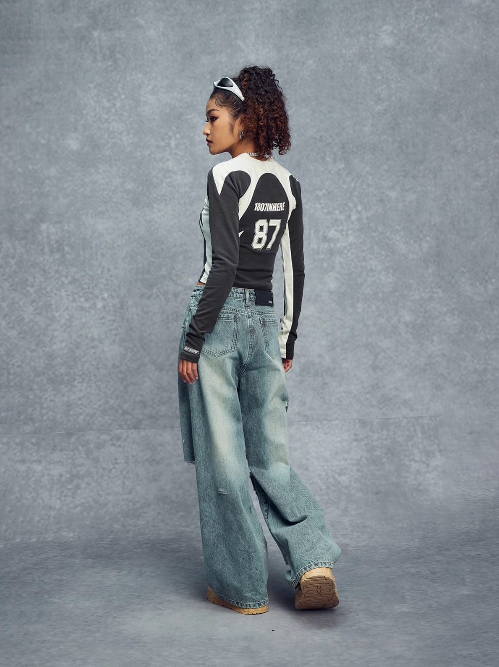 1807 Colorblock Cropped Slim Football Long Sleeve Tee | Face 3 Face