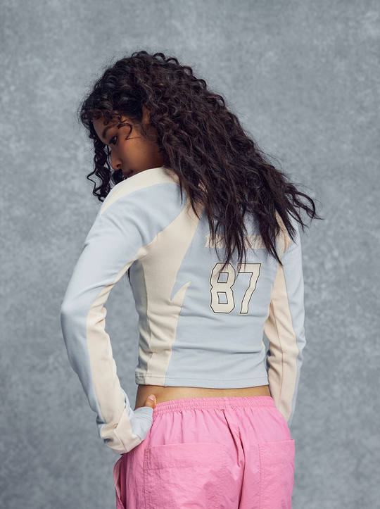 1807 Colorblock Cropped Slim Football Long Sleeve Tee | Face 3 Face