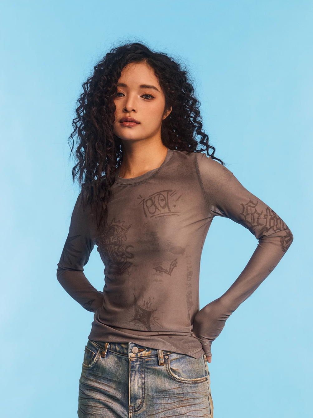 1807 Graffiti Print Mesh Slim Long Sleeve Tee | Face 3 Face