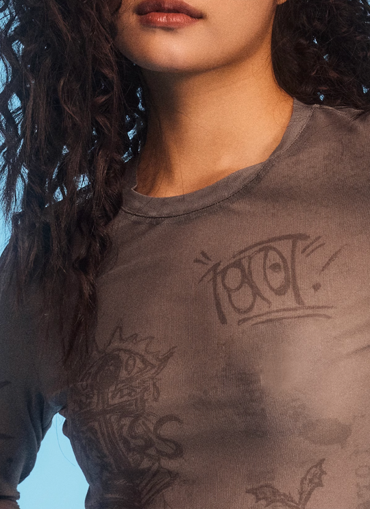 1807 Graffiti Print Mesh Slim Long Sleeve Tee | Face 3 Face