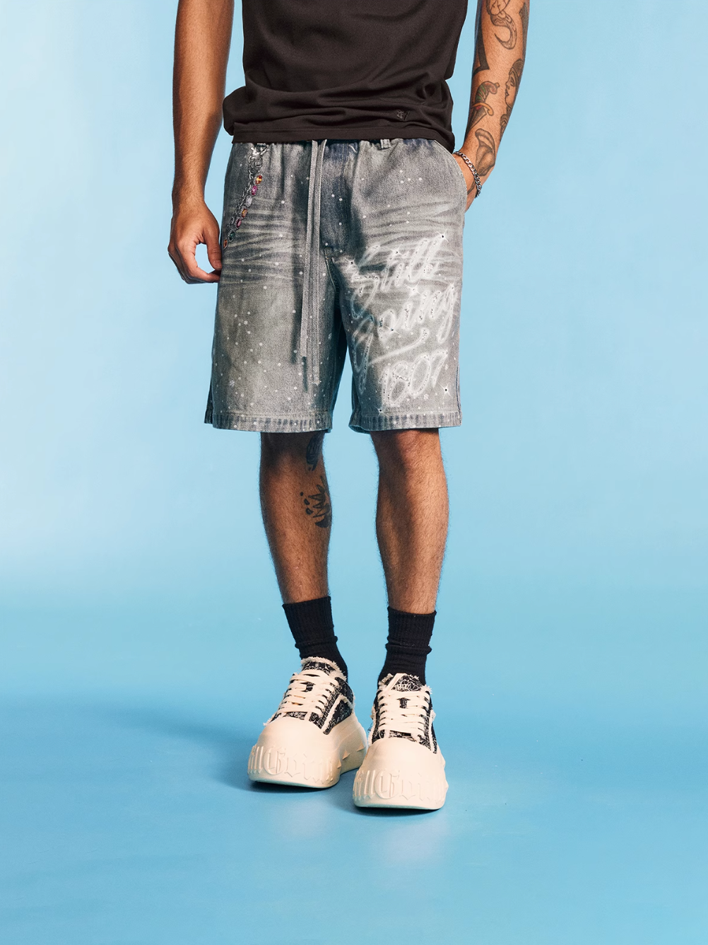 1807 SWAROVSKI Crystal Washed Denim Shorts | Face 3 Face