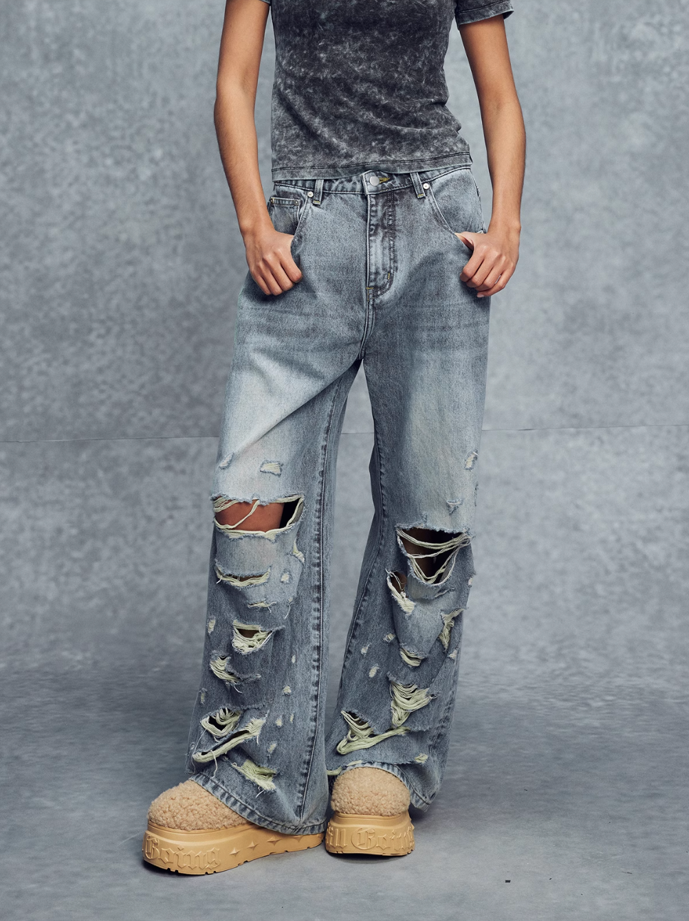 1807 Heavy Destroyed Washed Wide Leg Jeans | Face 3 Face