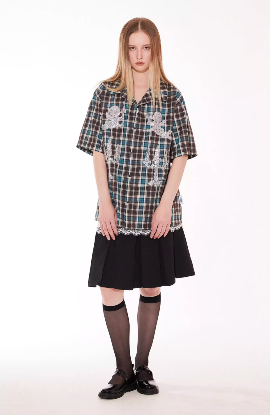 EMPTY REFERENCE Angel and Candlestick Sequin Plaid Short Sleeve Shirt | Face 3 Face