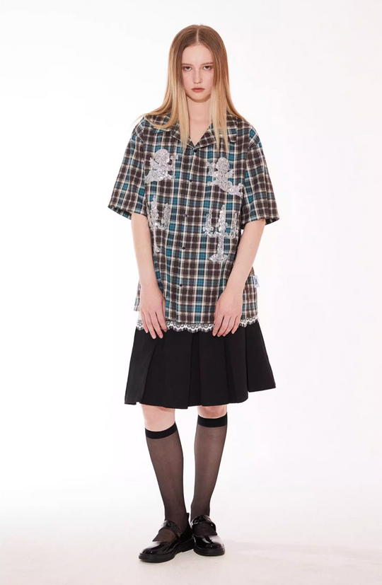 EMPTY REFERENCE Angel and Candlestick Sequin Plaid Short Sleeve Shirt | Face 3 Face