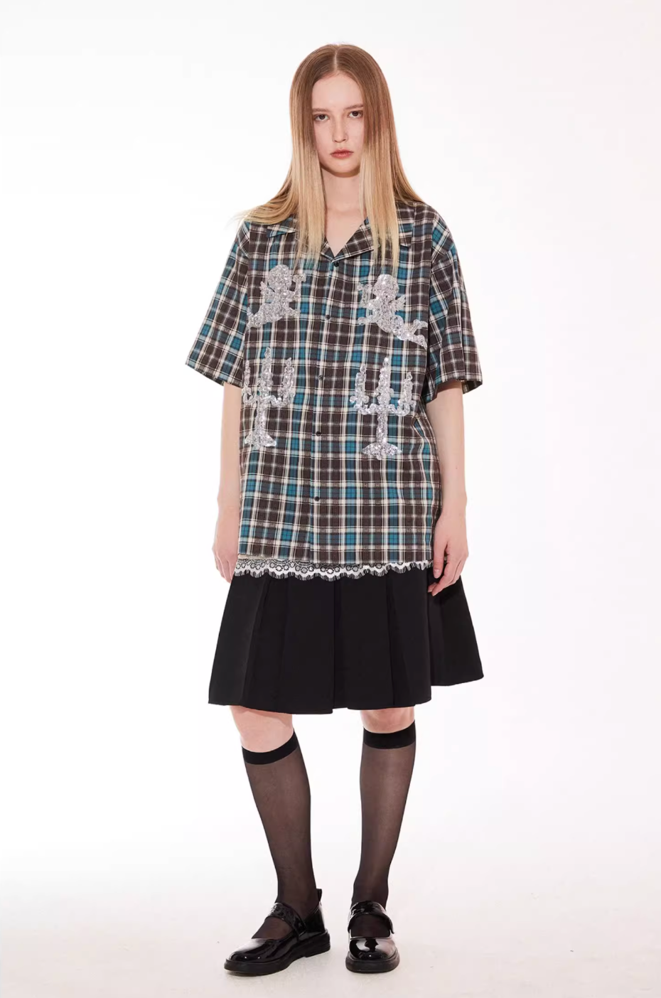 EMPTY REFERENCE Angel and Candlestick Sequin Plaid Short Sleeve Shirt | Face 3 Face