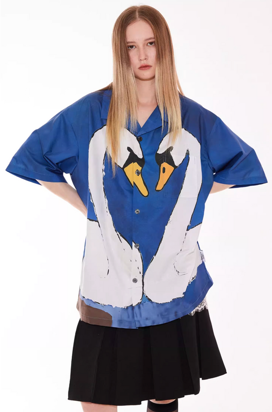 EMPTY REFERENCE Hand Painted Swan Print Short Sleeve Shirt | Face 3 Face