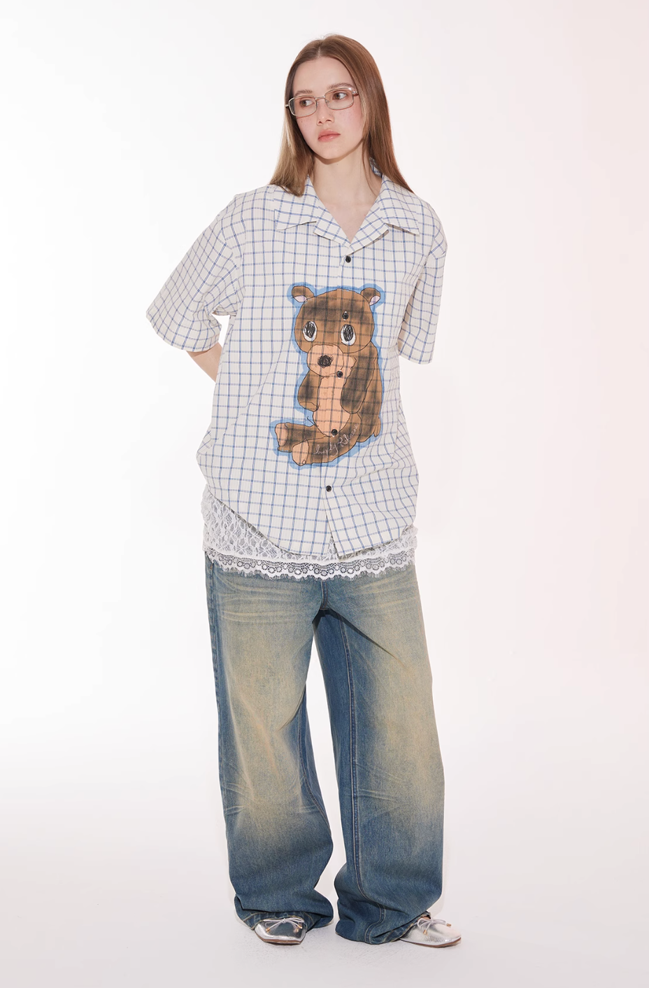 EMPTY REFERENCE Hand Painted Bear Print Plaid Short Sleeve Shirt | Face 3 Face