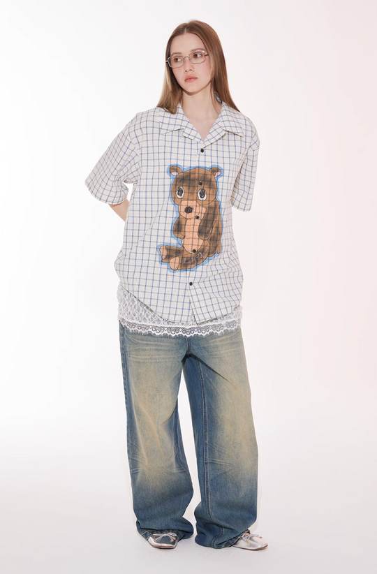 EMPTY REFERENCE Hand Painted Bear Print Plaid Short Sleeve Shirt | Face 3 Face