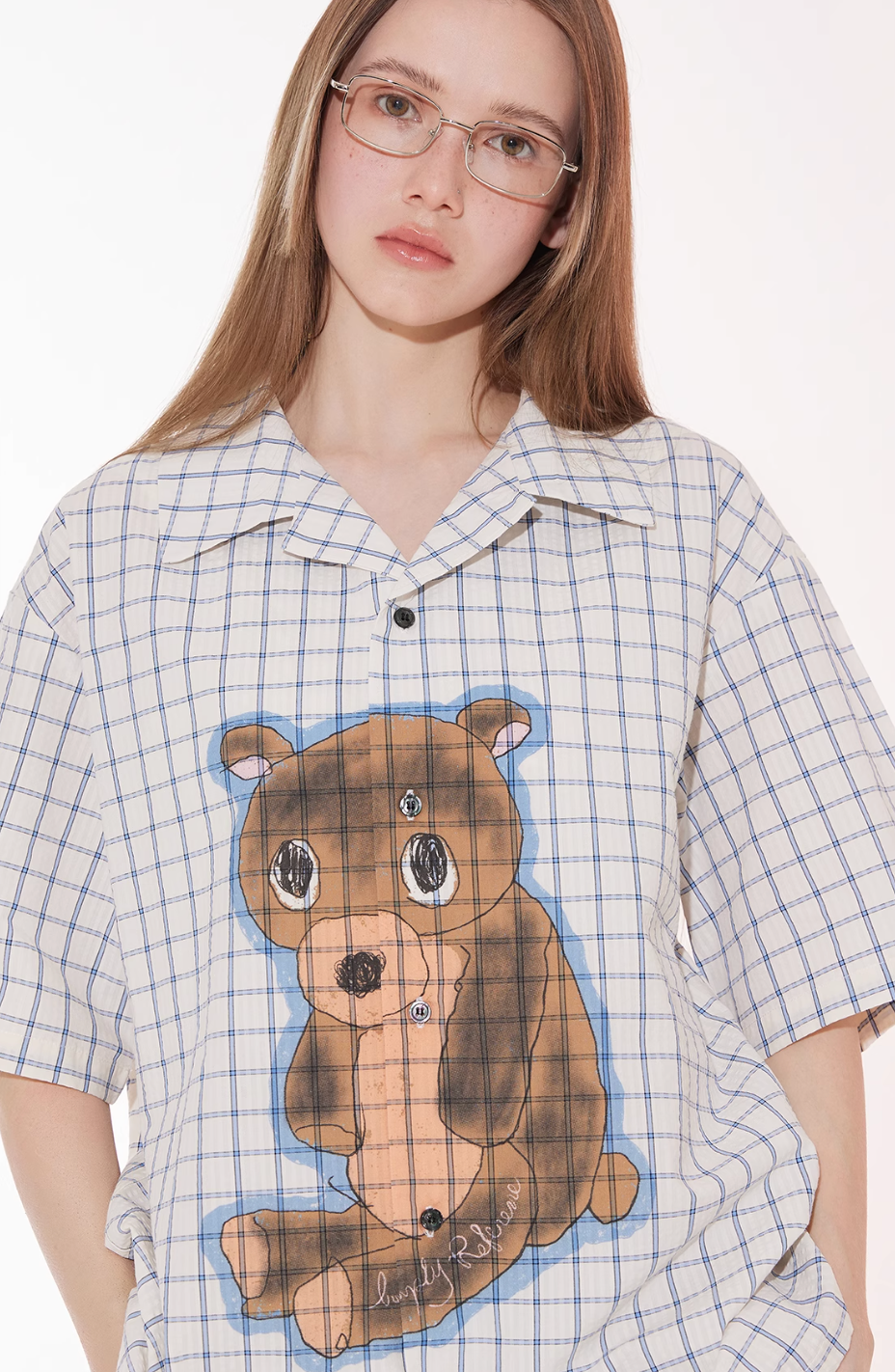 EMPTY REFERENCE Hand Painted Bear Print Plaid Short Sleeve Shirt | Face 3 Face